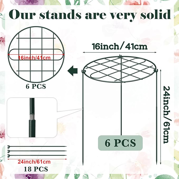 6 Pack 16 x 24 Inch Peony Cages and Supports Grow Through Plant Grid Support,Metal Plant Brace Support Peony Rings Hoops for Outdoor Plants Vegetables,Rose,Tomato,Orchids