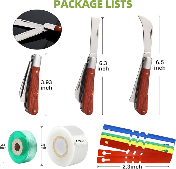 Garden Grafting Knife, Curved & Straight Garden Knife Blade, Tree Grafting Kits Including Grafting Tapes Plant Labels for Plant Branch Vine Fruit Tree Cutting