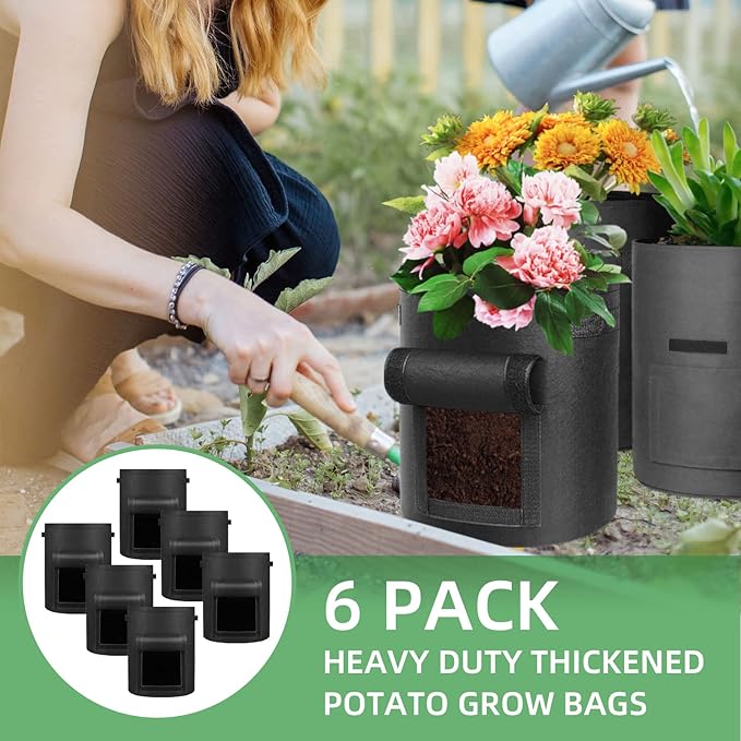 LITLANDSTAR 6 Pack 5 Gallon Potato Grow Bags, Heavy Duty Nonwoven Fabric Garden Planting Bag Plant Container with Flap and Handles, Aeration Fabric Pots for Growing Vegetable, Fruits and Flowers