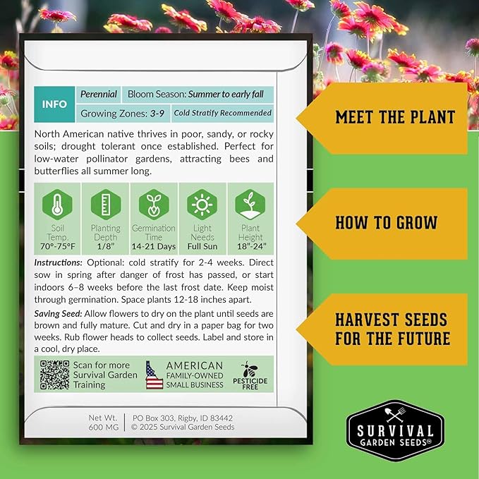 Blanket Flower Seeds for Planting - Perennial Gaillardia Aristata Firewheel Wildflower, Drought Tolerant Native Flower Seeds - Survival Garden Seeds (3 Packs)