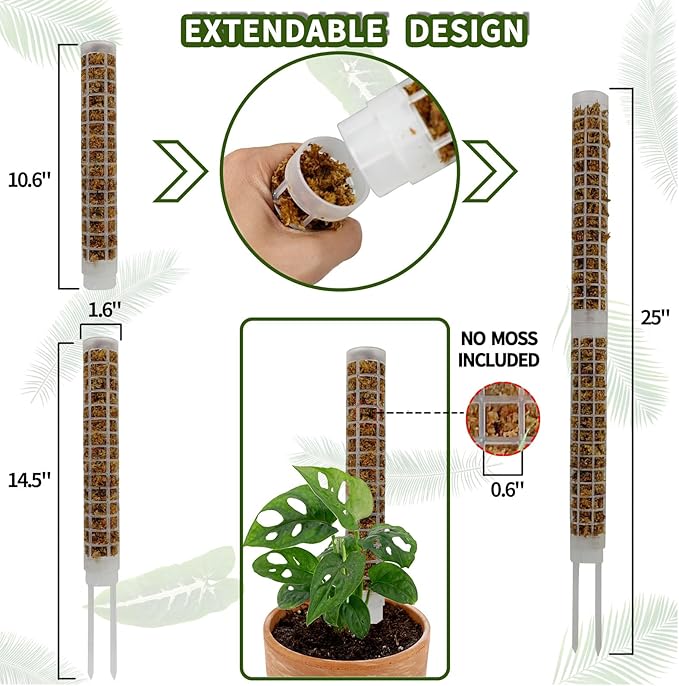 Small Moss Pole for Monstera - Stackable & Refillable Plastic Moss Poles for Climbing Plants with Large Mesh Design (12Pack-White-Small)