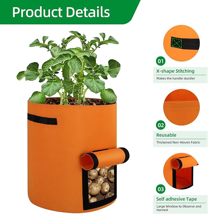 6 Pack 10 Gallon Potato Grow Bags, Thickened Nonwoven Fabric Planting Bags with Flap for Growing Tomatoes, Fruits, Herbs, Orange