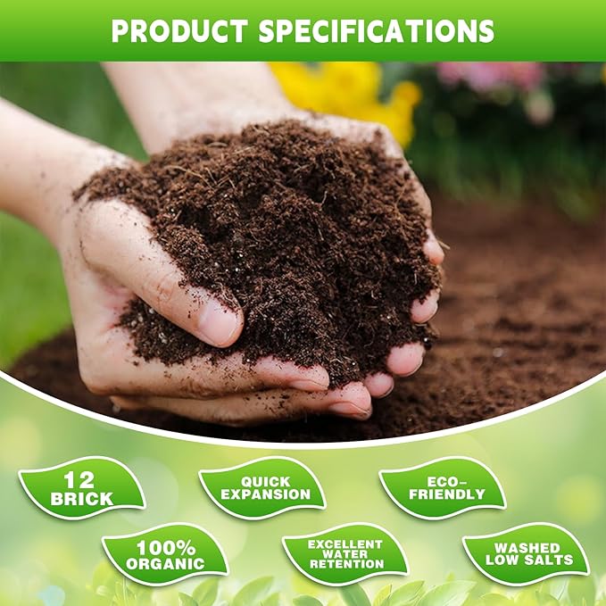 12 PCS Coco Coir Bricks - Compressed Coconut Fiber Substrate for Plants, Gardening, Potting Mix. Low EC & Balanced pH Natural Growth Medium for Seed Starting, Herbs