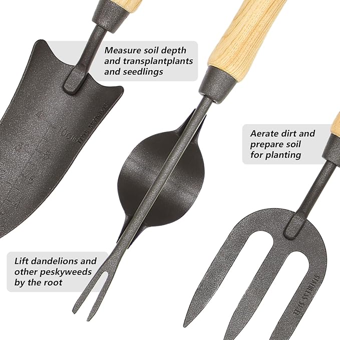 Japanese Gardening Tools Set, 6 Pcs Garden Tools Set, Black Painted Stainless Steel Heavy Duty Gardening Tools Kit, Hand Trowel, Dibble, Hand Rake, Weeder, Transplanter and Hand Folk…