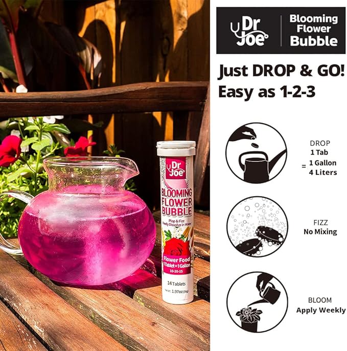 Dr. Joe Blooming Flower Bubble Plant Food – Water Soluble Fertilizer (14 Fizzing Tablets, Makes 14 Gallons, 10-20-15)
