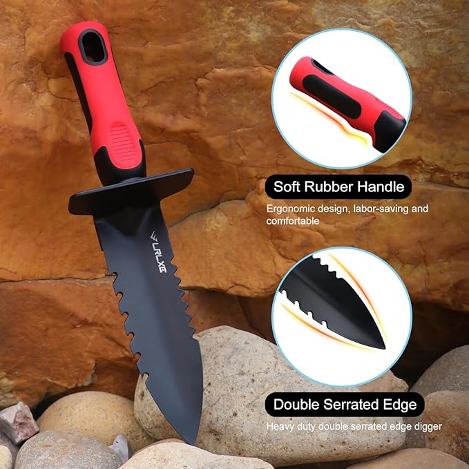 Metal Detector Shovel, Heavy Duty Double Serrated Edge Digger with Sheath, Gardening & Metal Detecting Accessories for Digging, Weeding and Planting