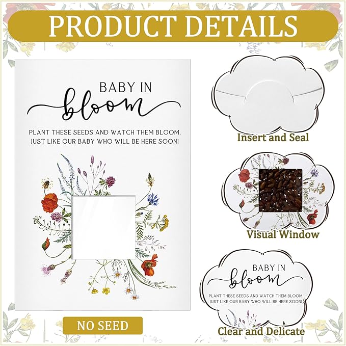 Fumete 50 Pack Baby in Bloom Seed Packets Baby Shower Party Favor for Guest Envelopes Kraft with Clear Window Resealable Seed Organizer Storage Bag for Gender Reveal Party, No Seeds(Watercolor Floral)