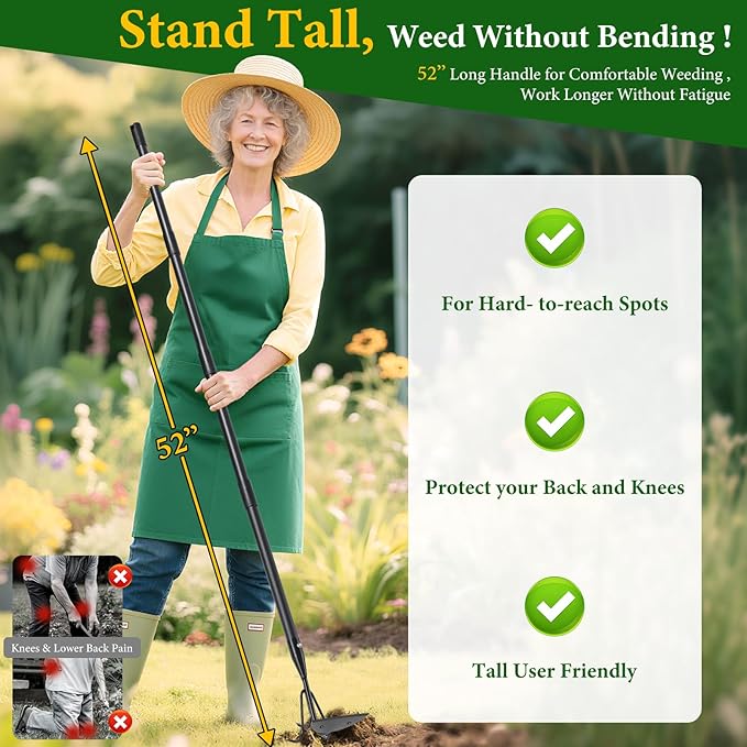 2 in 1 Hoe Garden Tool for Weeding& Cultivator - 52 inch Heavy Duty Garden Hoe with Upgraded Claw 3-Tine Tiller Rake,Long Handle Weed Grass Removal Tools for Gardening,Soil Loosening,Planting,Digging