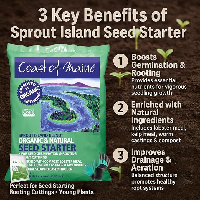 Coast of Maine SI4000 Sprout Island Seed Starting Mix 16 qt with My Garden Pool 7-in-1 Soil Test Strips, 20 ct. and Claw Gardening Gloves