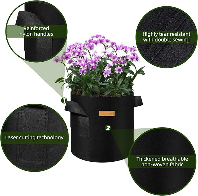 12-Pack 5 Gallon Plant Grow Bags, Thickened Nonwoven Fabric Pots with Handles, Vegetable Planter Bags Containers, Cloth Planters for Garden Vegetable/Flower/Plant/Fruits Outdoor (Black)
