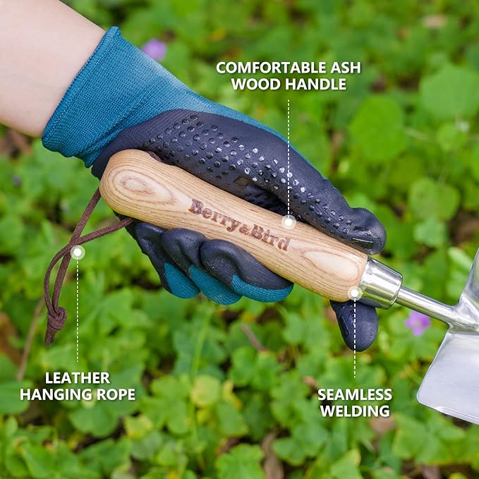 Berry&Bird Garden Serrated Planting Trowel, Multifunctional Shovel with ash Wood and Stainless Steel Digging Trowel Transplanter