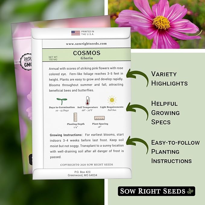 Sow Right Seeds - Gloria Cosmos Seeds for Planting - Non-GMO Heirloom Variety - Outdoor Garden Annuals - Bright Blooms - Easy to Grow Flowers - Perfect for Borders & Beds - Attracts Pollinators (1)