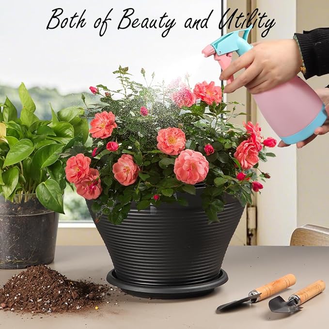 4 Pack 12 Inch Plant Pots with Saucers, Plastic Flower Pots with Drainage Holes, Large Planters for Indoor Outdoor Garden, House Plants, Flowers, Herbs, Gardening Gifts, Black