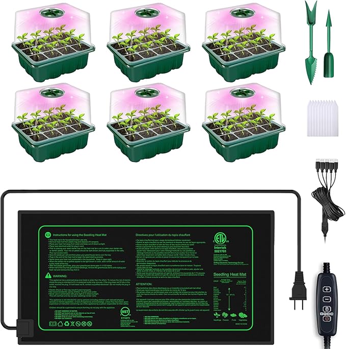 Seed Starter Trays with Grow Lights and Heat Mat, Plant Starting Kit 4 Timing Set Humidity Domes Heightened Lids for Small Mini Greenhouse Germination Seeds Growing Starting (6SET 6TRAY 72 SMALL CELL)