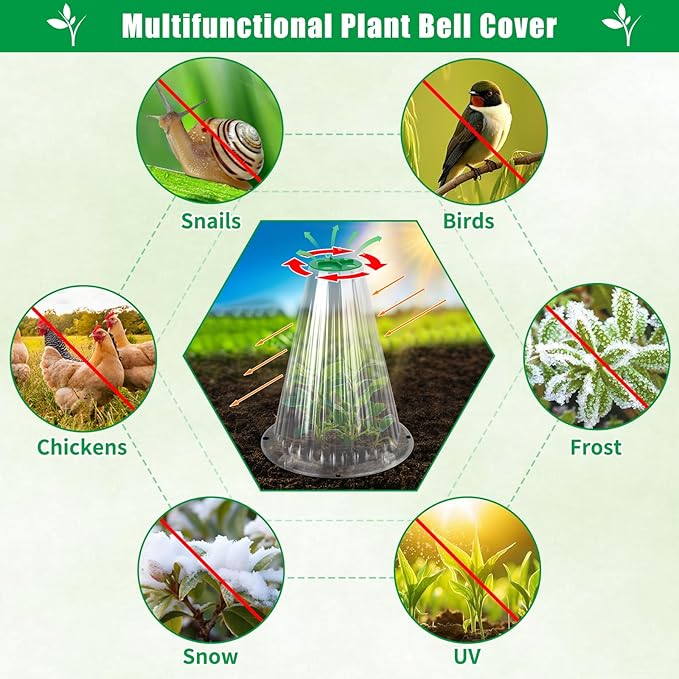 UQM 20 Pack Garden Cloches for Plants, Reusable Bell Plant Protector with Rotary Vent Cover, Garden Protection from Animals Snails Birds Chickens Insect, 9.18" H X7.56 D (Clear)