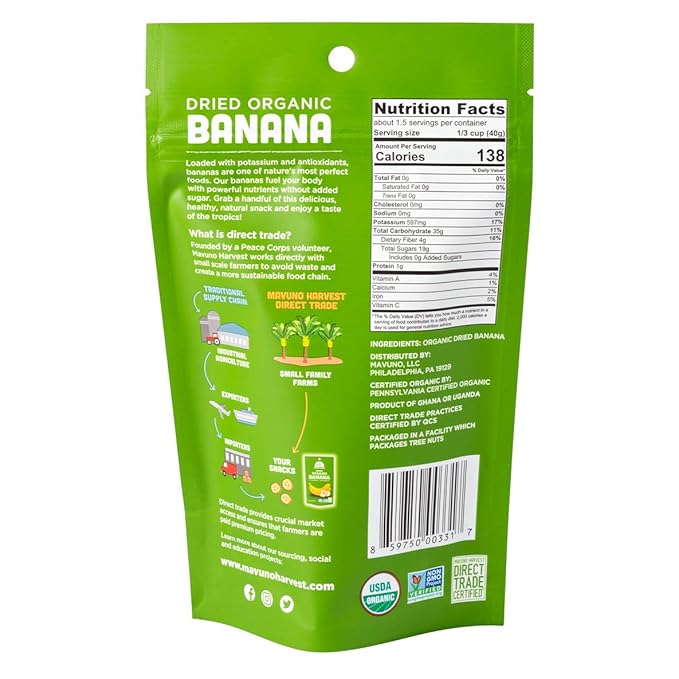 Mavuno Harvest Dried Banana Chips Fruit Snacks | Organic Dried | Healthy for Kids & Adults | Unsweetened Chips | Gluten Free | Vegan, Non GMO, Direct Trade | 2 Oz, Pack of 3