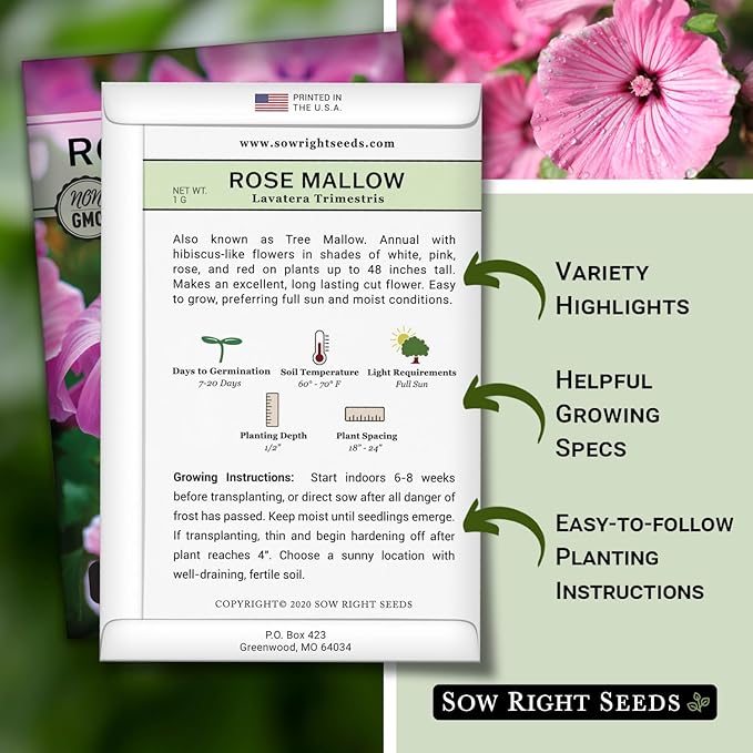 Sow Right Seeds - Rose Mallow Hibiscus Seeds for Planting - Non-GMO Heirloom Packet with Instructions to Grow - Tropical and Exotic Annual Tree Mallow - Blushing Rouge and Scarlet Blooms (1)