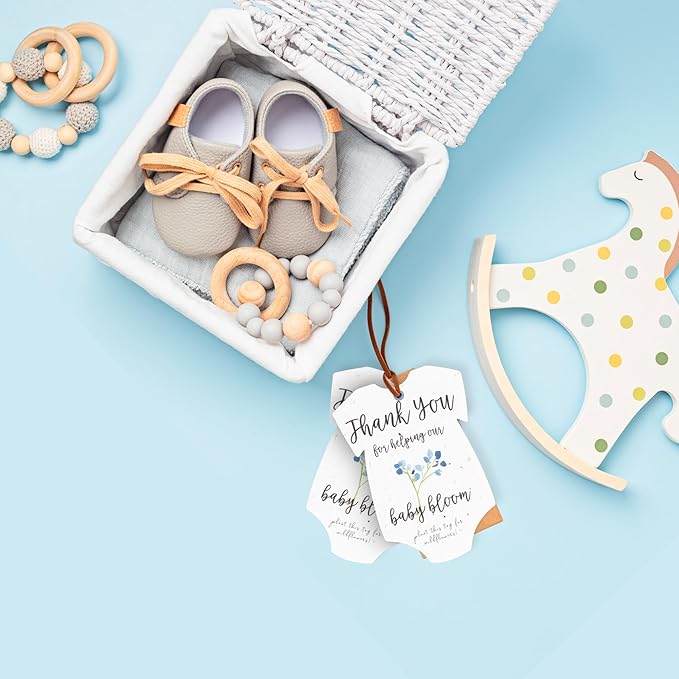 Seed Bloom Onesie Seed Paper – 15 Blue Shower Favors for Guests with Wildflower Seeds, Writable & Plantable, Shower Favor Gifts for Guest