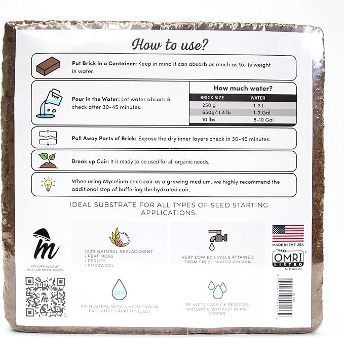 Mycelium Coco Coir Brick - Seed Starter | 10 lb OMRI Certified Organic Growing Medium for Seed Germination & Root Development – Expands When Hydrated for a Nutrient-Rich, Well-Draining Base