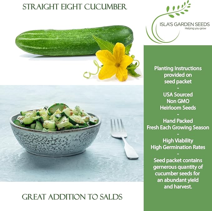 Straight Eight Cucumber Seeds – 150+ Heirloom Non-GMO Seeds by Isla’s Garden Seeds, Crisp & Tender, High-Yield, 90% Germination Rate, Perfect for Slicing, Easy to Grow, Great for Home Gardens or Gift