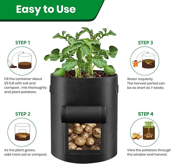 6 Pack Potato Grow Bags, 10 Gallon Planting Bags Large Fabric Pots with Flap Window Vegetable Planter Garden Pot Tall Potato Growing Containers with Handles for Vegetables, Fruits and More, Black