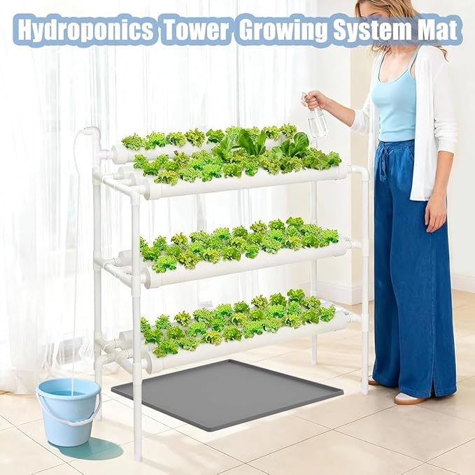 Hydroponic Tower Mat Hydroponic Garden Mat Extra Large, 24x24" Garden Tower Silicone Pad with Raised Edge, Indoor Growing System Drip Pan Hydroponics Container Tray Herb Gardening Floor Protector Soft