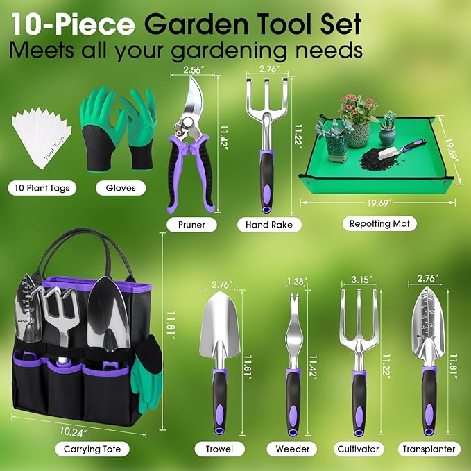 WOWBOX Garden Tools Set - 10 PCS, Heavy Duty Gardening Hand Tools Kit with Storage Tote, Rust-Resistant Gardening Supplies for Planting with Non-Slip Ergonomic Handle for Women and Men (Purple)