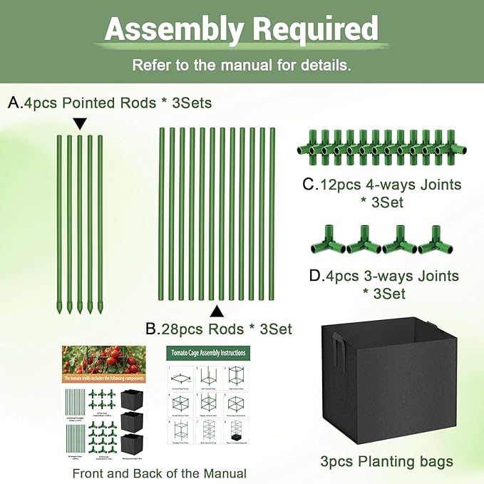 3 Pack Tomato Cages with Grow Bags, 59 Inch Adjustable Square Plant Support Trellis, Steel Core Plastic Coated Tomato Plant Stakes for Garden Vegetables, Cucumbers, Peppers
