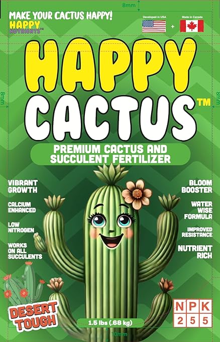 Happy Cactus Fertilizer by Happy Nutrients– Low Nitrogen Fertilizer for Cactus Plant & Succulents – Bloom Booster with Calcium for Vibrant Growth – 2-5-5 NPK, 1.5 lbs for Indoor/Outdoor Use