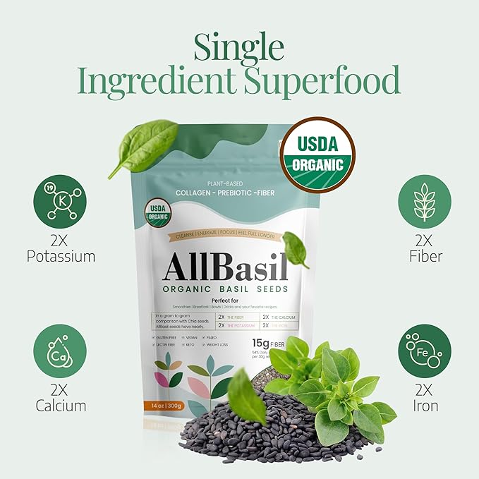 Seeds 14oz, USDA Organic Edible Basil Seeds Superfood Rich in Fiber, Healthy Fats, & Minerals, Support Weight Loss, Blood Sugar Balance, Gut Health—Ideal for Smoothies, Juices & Desserts.