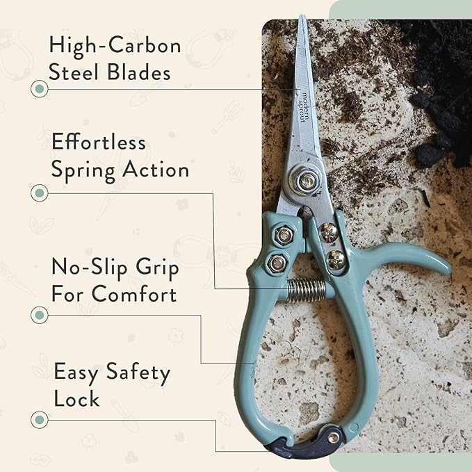 Modern Sprout Pruning Shears, Herb Snipping Scissors, Lightweight Gardening Tools W/Easy Lock, Flower Cutter Garden Shears, Carbon Steel Blade + Reusable Holster (Green, 1-Pack)