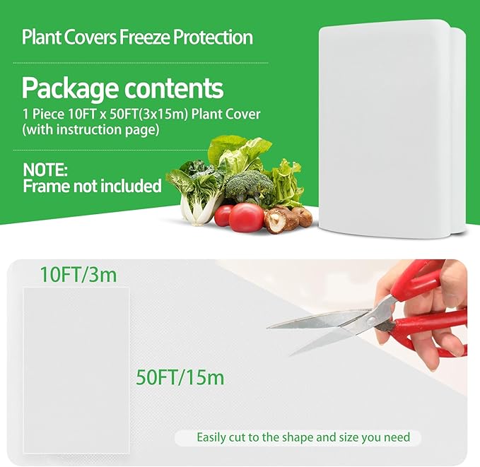Plant Covers Freeze Protection, 10x50ft Green Frost Blanket for Winter, 1.23 oz/yd² Fabric, Premium Frost Protection Cover, Breathable Garden Row Covers for Outdoor Plants