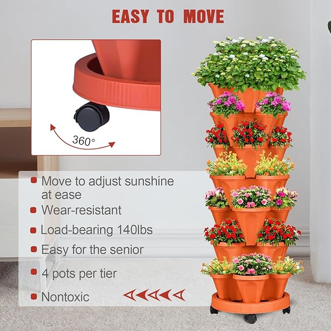 7 Tier Vertical Strawberry Planter-Tower Stackable Herb Planter Stacking Garden Planters Pot Outdoor with Tools Mover for Growing Flowers, Vegetables and Succulents, Red