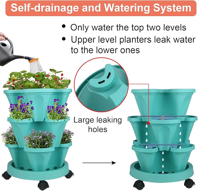 GameXcel Vertical Planter 3 Tier Stackable Planters Garden Planters Strawberry Herb Flower and Vegetable Planter Indoor Outdoor Gardening Pots with Removable Wheels and Tools