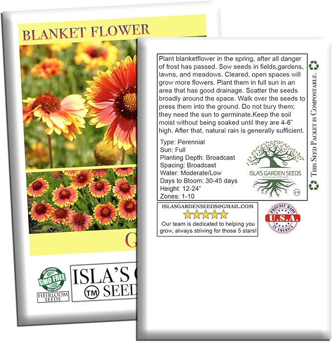 Blanketflower Gaillardia Seeds (Gaillardia aristata) – 500+ Non-GMO Heirloom Seeds by Isla’s Garden Seeds, Vibrant Perennial Wildflowers, Attracts Butterflies & Bees, Drought-Tolerant & Easy to Grow