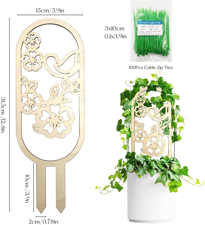 SNAIL GARDEN 2Pcs Small Trellis for Indoor Plants with Bird and Flower Pattern,Wooden Indoor Plant Trellis for Climbing Plants with 100Pcs Green Cable Zip Ties,House Plant Trellis for Potted Plants