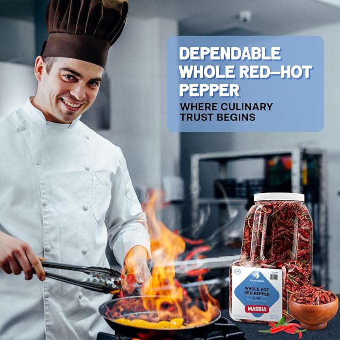 Dependable Foods Whole Red Hot Pepper– 2 Lb. Bulk Jar –- 100% Natural Intense Heat, Non-GMO, No Additives, Salt-Free Seasoning | Kosher, Allergen-Free