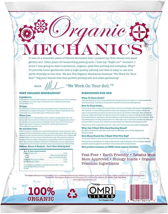 Organic Mechanics Seed Starting Potting Soil Blend, 16 Quarts – Provides Optimal Seed Germination with Coconut Coir, Aged Pine Bark, Rice Hulls, and Worm Castings – Peat-Free & Eco-Friendly