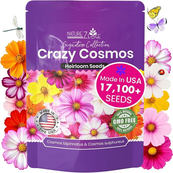 NatureZ Edge, Crazy Cosmos Seeds for 2026, 17,100 Cosmos Seed, 1/4 lb, Made In USA, Annual Cut Flowers, Wildflower Seeds Bulk for Planting Flowers, Wild Flowers Seed Throw and Grow, semillas de flores