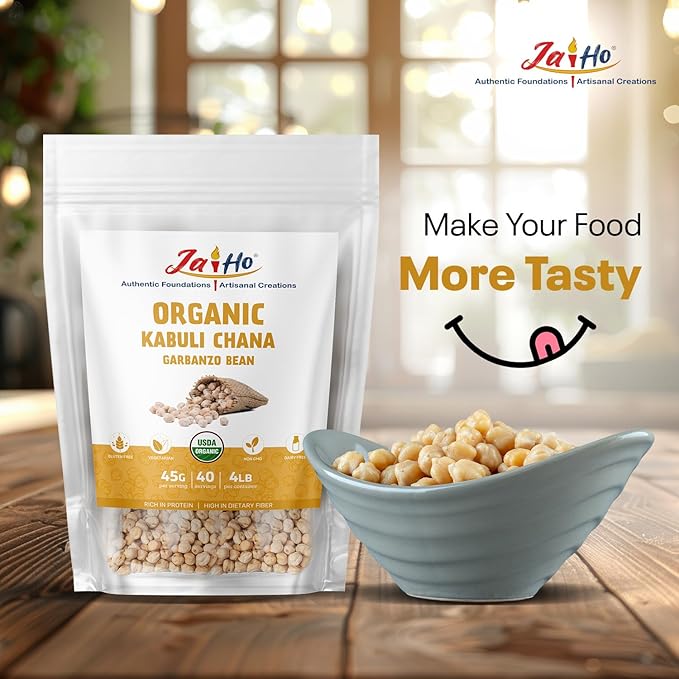 Jai Ho Certified Organic Kabuli Chana Garbanzo Beans 4 lb | Chickpeas Lentils | Indian Kabuli Chole Chana | USDA Organic | Non-GMO | Chemical-Free | Premium Quality Kosher (4 Pound, Kabuli Chana)
