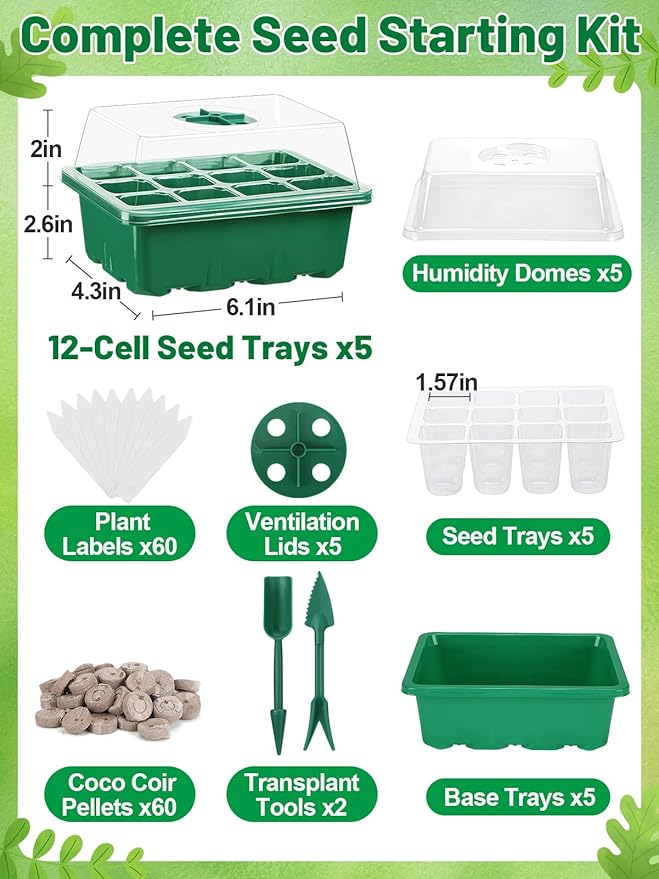 Apipi 5 Pack Seed Starter Kit with 60 Coco Coir Pellets - 60 Cell Seed Starter Trays with Domes for Indoor Greenhouse Germination, Home Gardening System for Vegetables/Herbs/Flowers