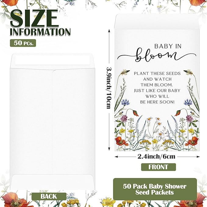 Fumete 50 Pcs Baby in Bloom Seed Packet Favors Wildflower Baby Shower Self Adhesive Envelopes for Guests Flower Packet Kraft Mini Organizer Decorations for Party Gift Favors, No Seeds (Wildflower)