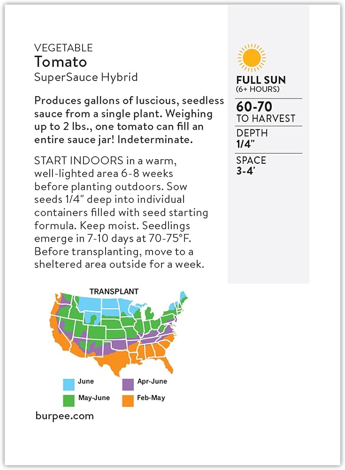 Burpee 'SuperSauce Hybrid' Tomato Seeds for Planting - Non-GMO, Indeterminate, Disease-Resistant, Paste Tomato, Burpee Bred, 50 mg Seed Packet for Home Gardening - World's Largest Sauce Tomato!