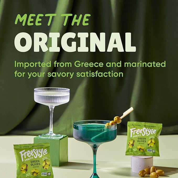 Freestyle Snacks Olive Snack Packs - As Seen on Shark Tank - Single Serve - Fresh Pitted Green Olives, Grown in Greece, All Natural, Non-GMO, Sugar-Free, Salty Snack - Original, 1.1oz (6 Pack)