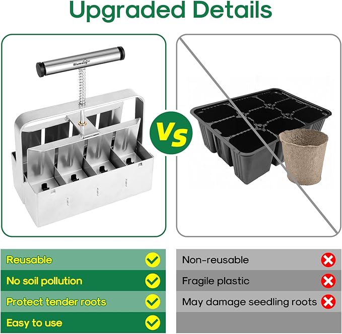 BlumWay Upgraded Soil Blocker, 8 Cell Seed Blocker 2 inch Quad Soil Block Maker Manual with 3 Types of Seed Pins,Hand-held Soil Blocking Tool for Seed Stater Tray Outdoor Plants