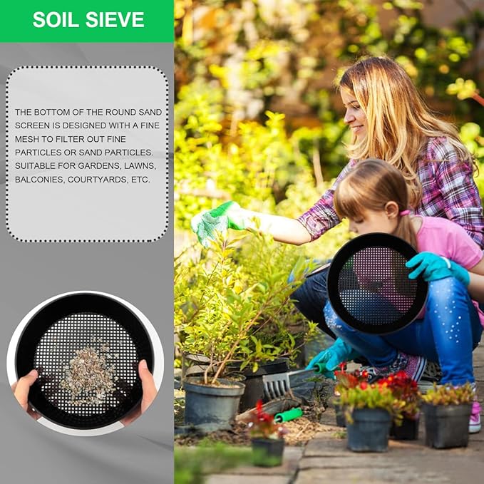 2 Pcs Round Garden Soil Sieve Pan with Handle Sand Sifter Set for Sieve Work of Small Gravel, Soil, Sand（Black）