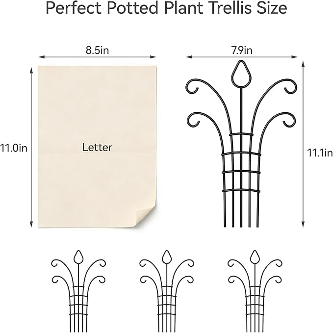 4 Pack Small Plant Trellis for Potted Plants，Metal Indoor Plant Trellis for Climbing Plants，Matte Black Mini Trellis Support with 5-Prong Base & 50 Ties, for Pothos Hoya Ivy, Gift for Plant Lovers