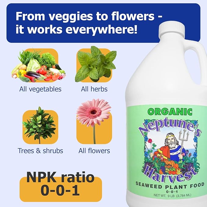 Neptune’s Harvest Seaweed Plant Food (0-0-1) - Multi-Purpose Seaweed Organic Liquid Fertilizer - Indoor & Outdoor Plant Fertilizer for Lawns, Gardens, Vegetables, & Flowers (Gallon)