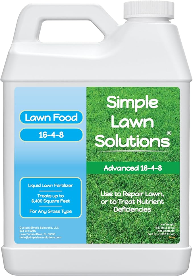 Advanced 16-4-8 Lawn Fertilizer - Liquid Lawn Food Spring & Summer Concentrated Spray - Any Grass Type- Fish and Seaweed Kelp- Balanced NPK - Simple Lawn Solutions (64 Ounce)