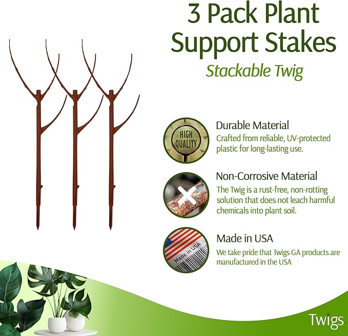 Stackable Plant Support Stakes, Indoor & Outdoor Houseplant Stem Support, Garden Accessories, Durable Trellis Alternative for Climbing & Potted Plants - Begonia Red, 3 Pack, 17" L